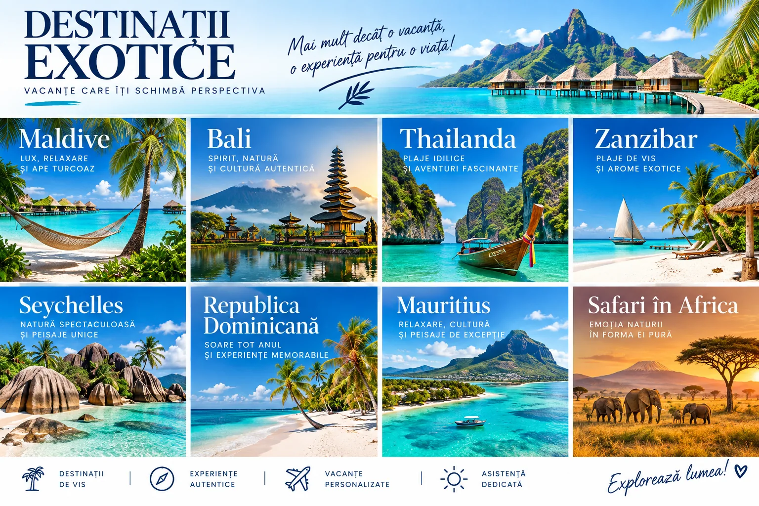 Vacanțe exotice în destinații tropicale cu plaje, ape turcoaz și resorturi de vis