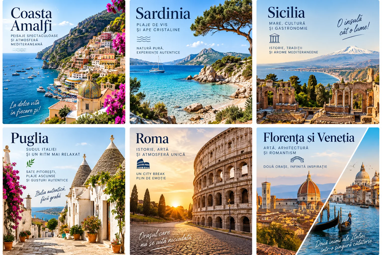 Vacanță în Italia: Coasta Amalfi, Sardinia, Sicilia, Puglia, Roma, Florența și Veneția